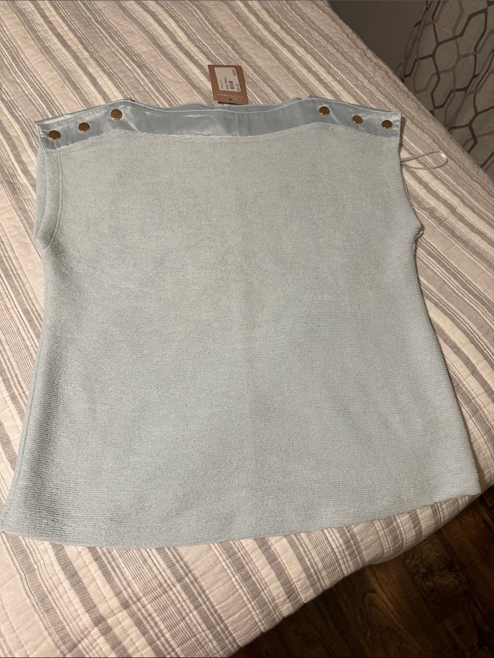 glam Pale Blue Sleeveless Knit Top with Gold Buttons